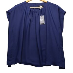 DKNY Women's Navy Blue Pleated Neck Cap Sleeve Blouse Top NWT Evening Career S